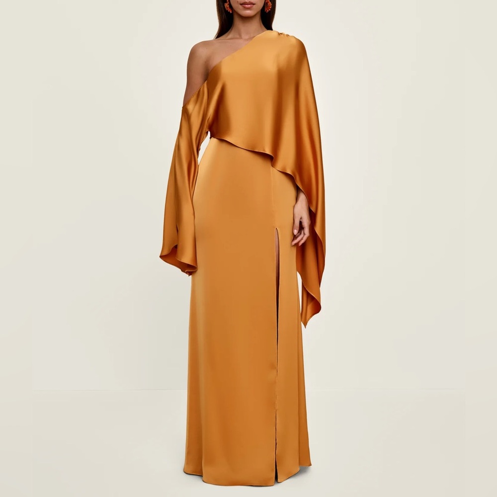 NWT ANDREA IYAMAH LEENA ONE SHOULDER GOLD MUSTARD SATIN SMALL DRESS
